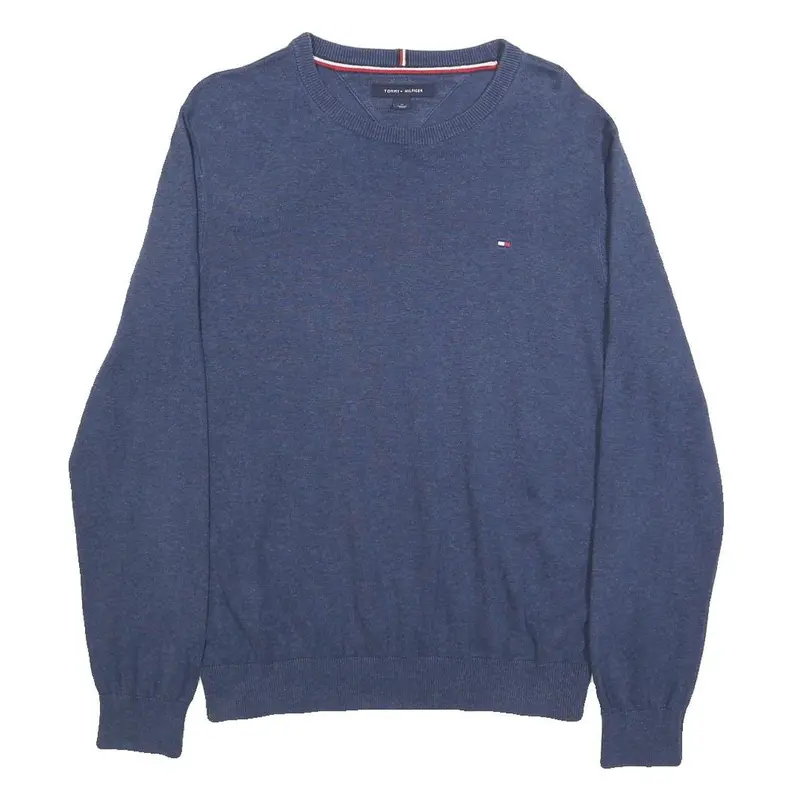 Tommy Hilfiger Mens Blue Plain Cotton Crew Neck Basic Knit Jumper M Casual 1
