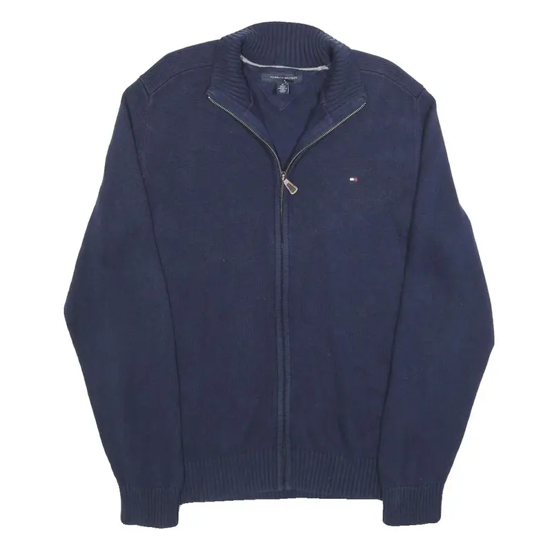 Tommy Hilfiger Mens Blue Plain Full Zip Crew Neck Basic Knit M Cotton Jumper 1
