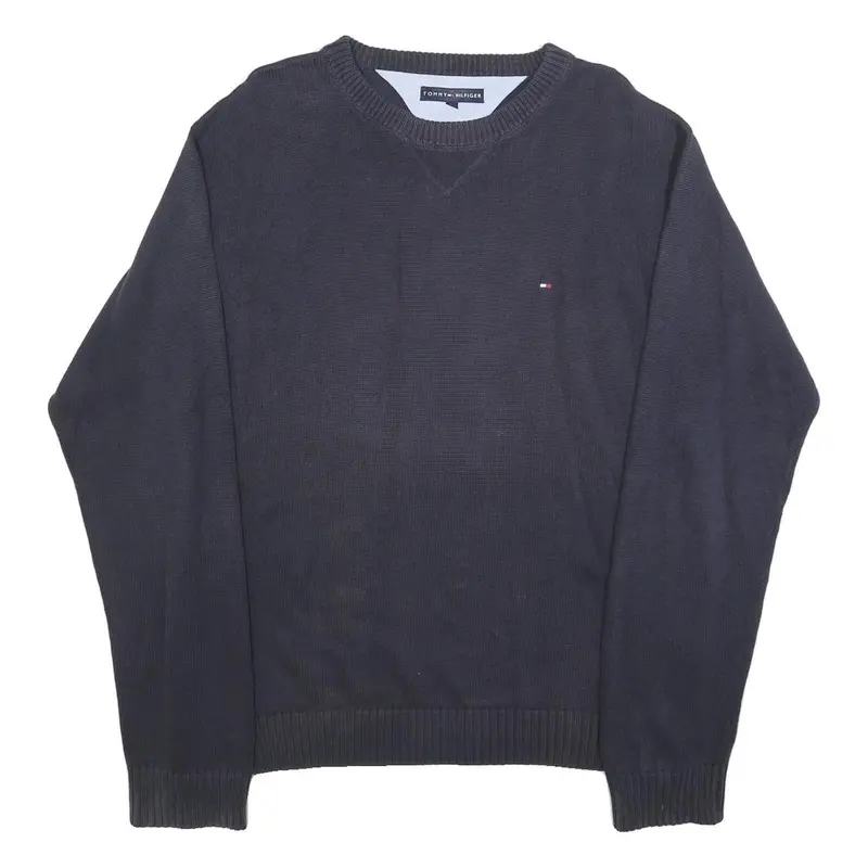 Tommy Hilfiger Mens Blue Plain Jumper Crew Neck Basic Knit L Cotton Casual 1