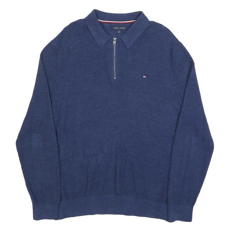 Tommy Hilfiger Mens Blue Plain Zip Pullover Jumper Cotton L Casual Comfort 1