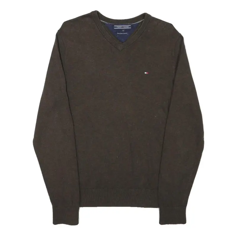 Tommy Hilfiger Mens Brown Plain Cotton Blend Pullover V-Neck Jumper S 1
