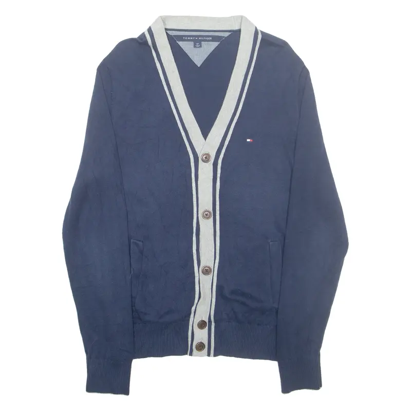 Tommy Hilfiger Mens Cardigan Blue Button Neck Tight Knit S 1