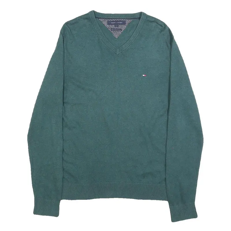 Tommy Hilfiger Mens Green Cotton Blend Plain V-Neck Basic Knit Jumper S 1