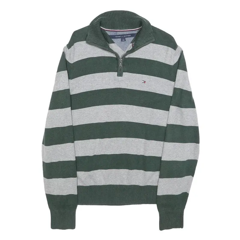 Tommy Hilfiger Mens Green & Grey Patterned Jumper 1/4 Zip Crew Neck Cotton M 1