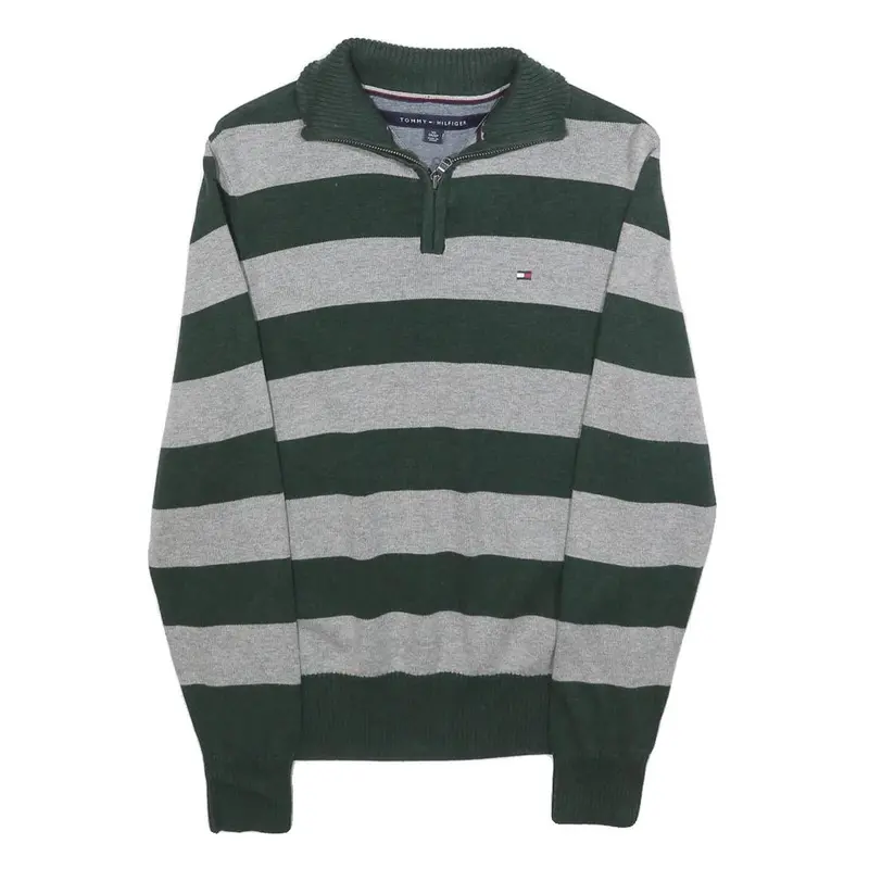 Tommy Hilfiger Mens Green & Grey Patterned Jumper V-Neck Basic Knit Xs Cotton 1