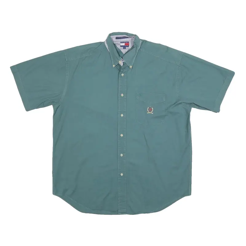 Tommy Hilfiger Mens Green L Button Down Shirt Cotton Short Sleeve Casual 1