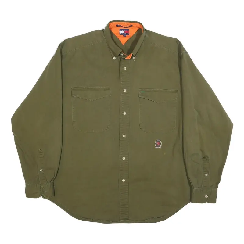 Tommy Hilfiger Mens Green Long Sleeve Button Cotton Shirt L Casual Workwear 1