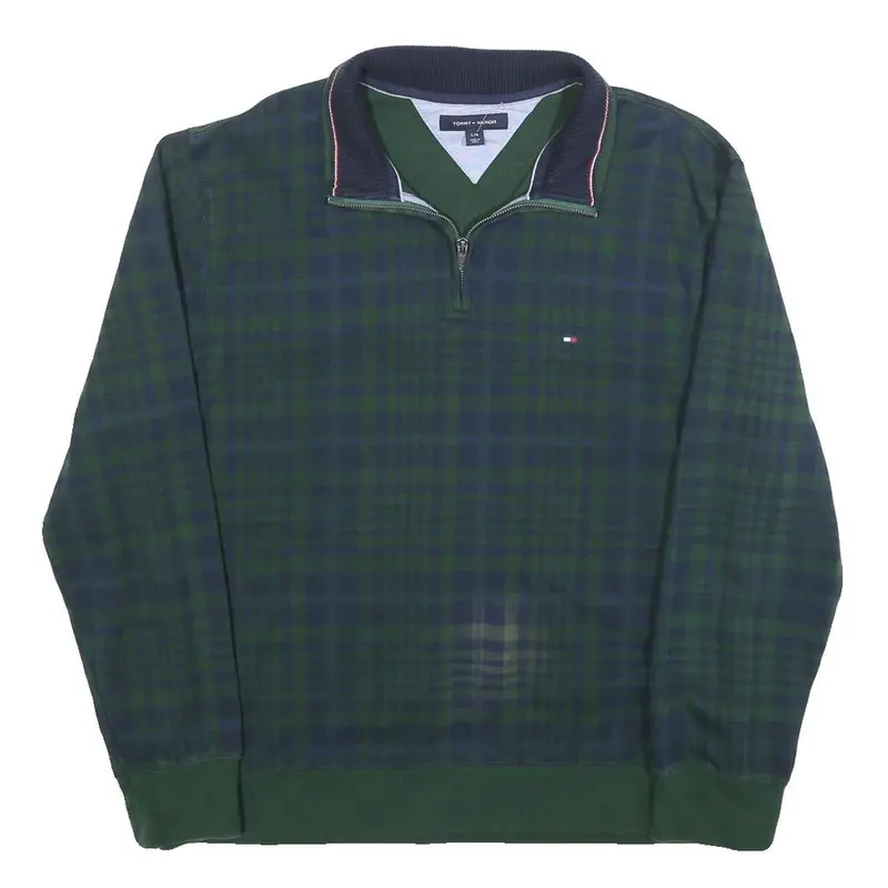 Tommy Hilfiger Mens Green & Navy Check 1/4 Zip Sweatshirt L Cotton Pullover 1
