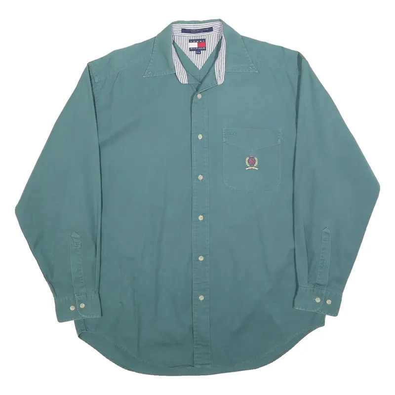 Tommy Hilfiger Mens Green Plain Shirt S Long Sleeve Button Collar Casual 1