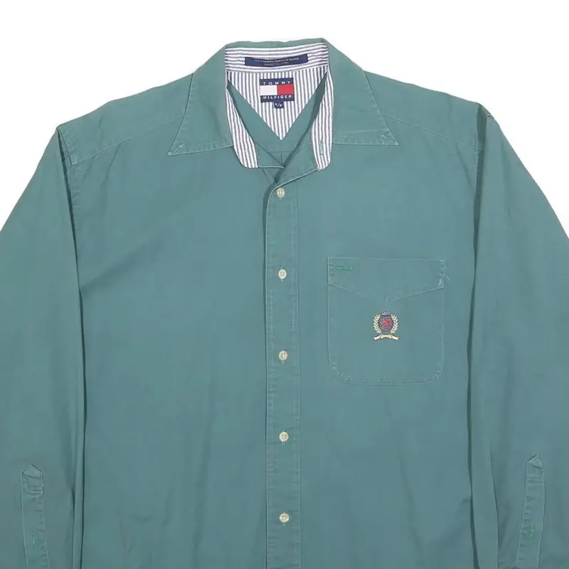 Tommy Hilfiger Mens Green Plain Shirt S Long Sleeve Button Collar Casual 2