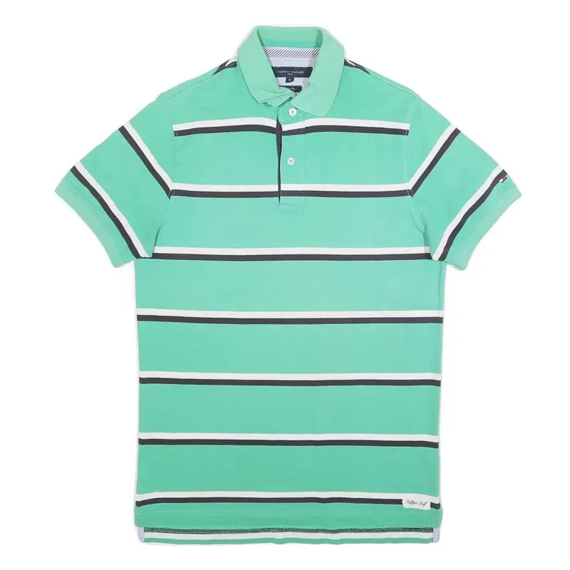 Tommy Hilfiger Mens Green & White Striped Short Sleeve Polo Shirt M Cotton Blend 1