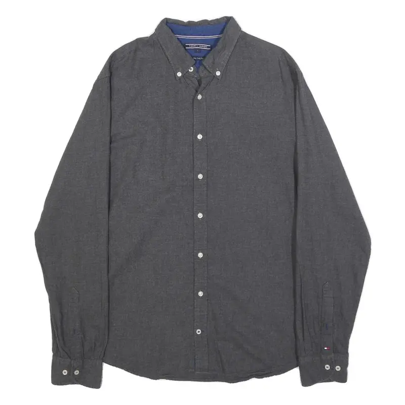 Tommy Hilfiger Mens Grey Button Down Shirt L Classic Cotton Long Sleeve 1