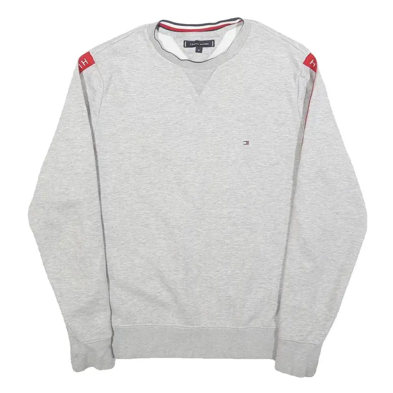 Tommy Hilfiger Mens Grey Crew Neck M Cotton Sweatshirt With Branded Sleeve Tape 1