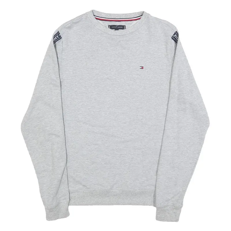 Tommy Hilfiger Mens Grey Crew Neck Sweatshirt S Logo Tape Sleeves Cotton Blend 1
