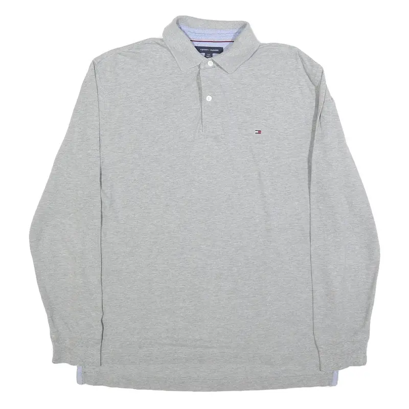 Tommy Hilfiger Mens Grey Long Sleeve Plain Polo Shirt L Classic Cotton Blend 1