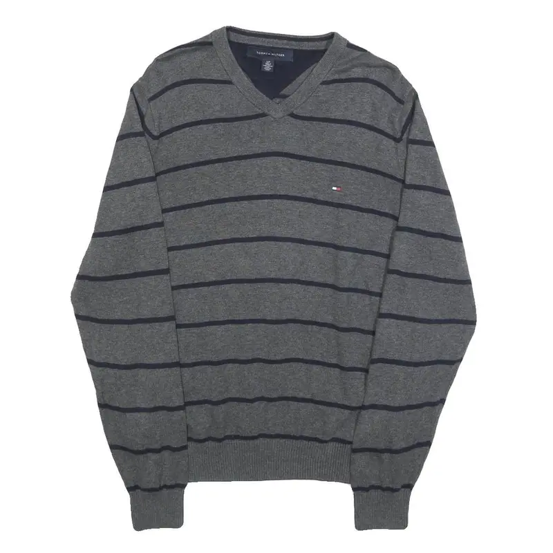 Tommy Hilfiger Mens Grey & Navy Striped Pattern Cotton Blend Jumper V-Neck Basic 1