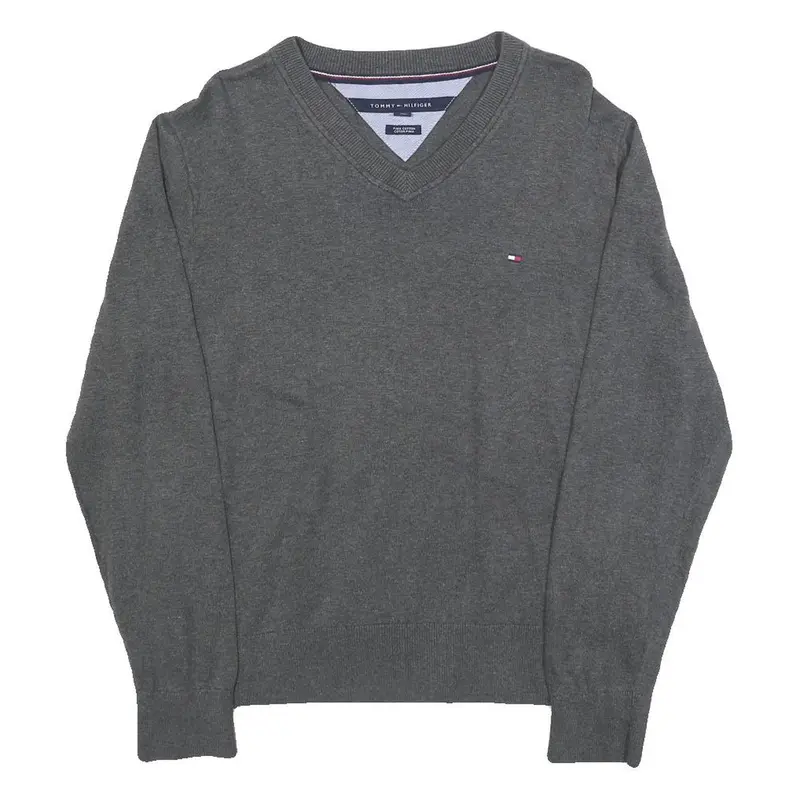 Tommy Hilfiger Mens Grey Plain Cotton Blend Jumper V-Neck Basic Knit M Classic 1