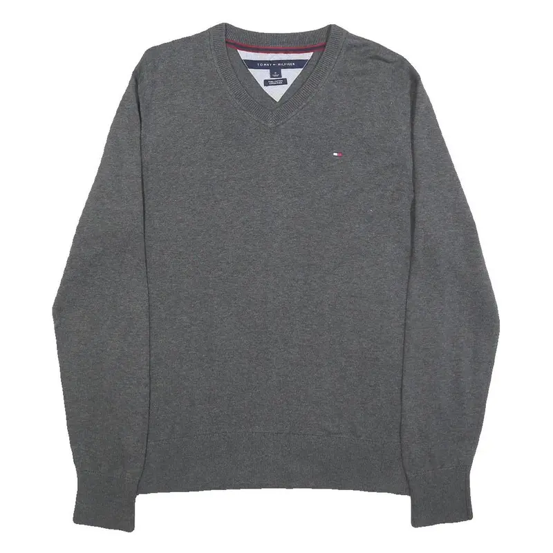 Tommy Hilfiger Mens Grey Plain Cotton V-Neck Basic Knit Jumper M Casual Classic 1