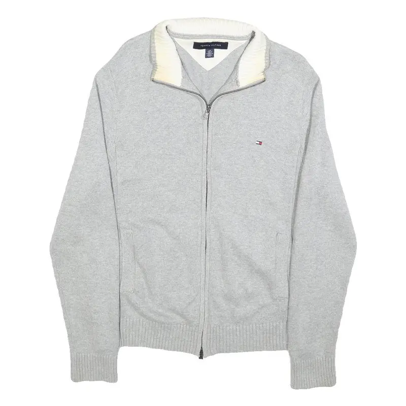Tommy Hilfiger Mens Grey Plain Full Zip Jumper Crew Neck Basic Knit S Classic 1