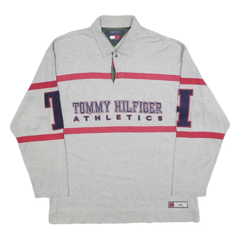 Tommy Hilfiger Mens Grey Red Athletics Long Sleeve Polo Shirt Xl Cotton Blend 1