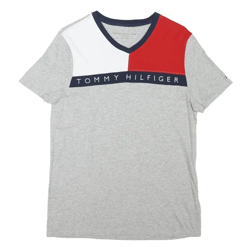 Tommy Hilfiger Mens Grey White & Red Colour Block T-Shirt Xs Short Sleeve V-Neck 1