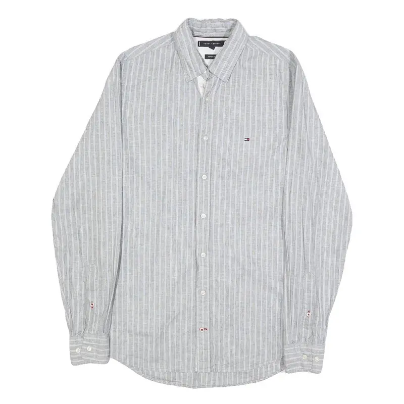 Tommy Hilfiger Mens Grey & White Stripe Linen Blend Shirt S Classic Summer 1