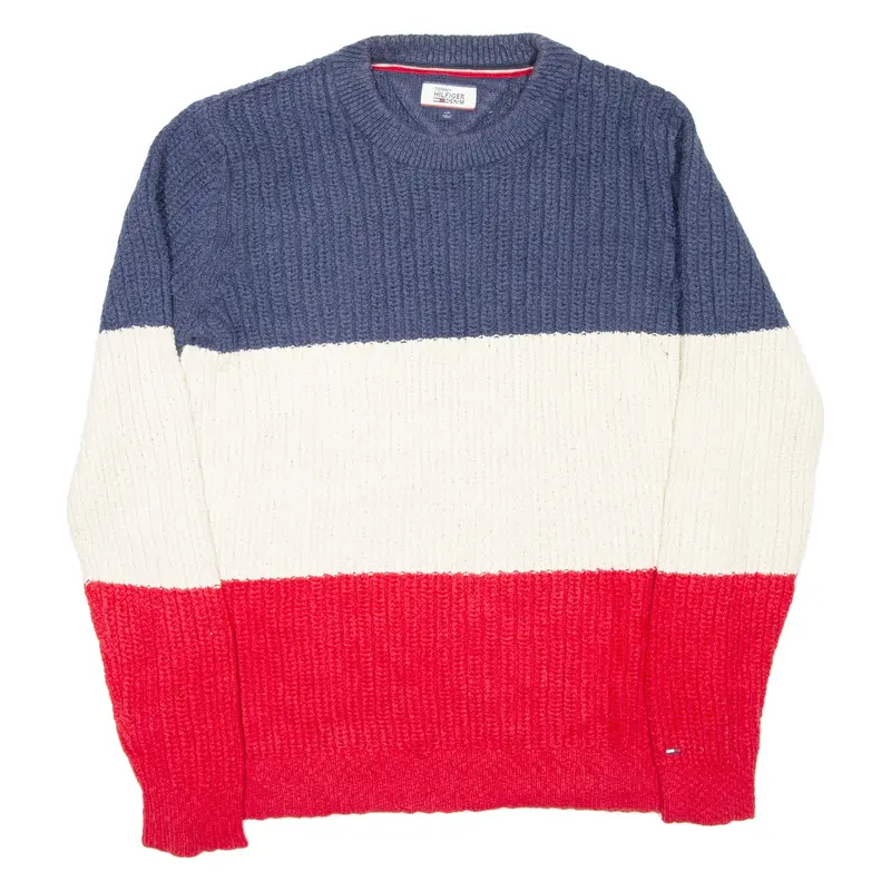 Tommy Hilfiger Mens Heavy Knit Jumper Red Colourblock Chunky Knit L 1