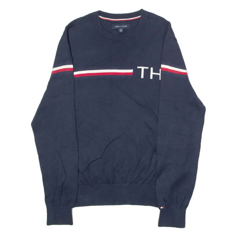 Tommy Hilfiger Mens Jumper Blue Striped Crew Neck Tight Knit Xs 1