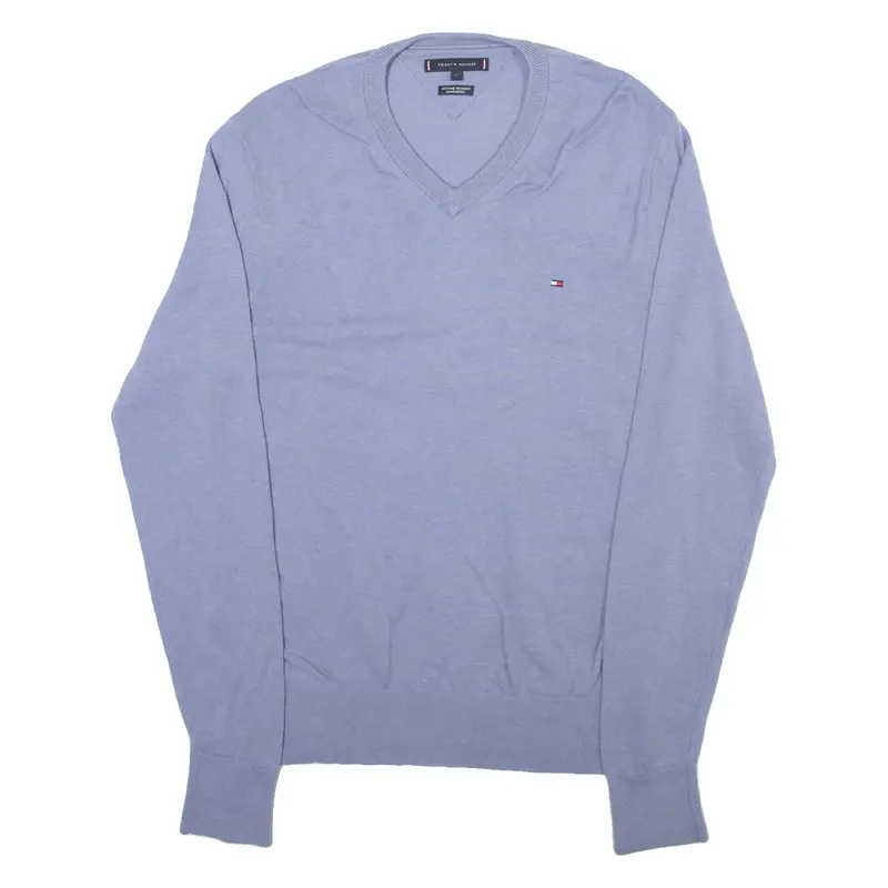 Tommy Hilfiger Mens Jumper Blue V-Neck Tight Knit Wool L 1