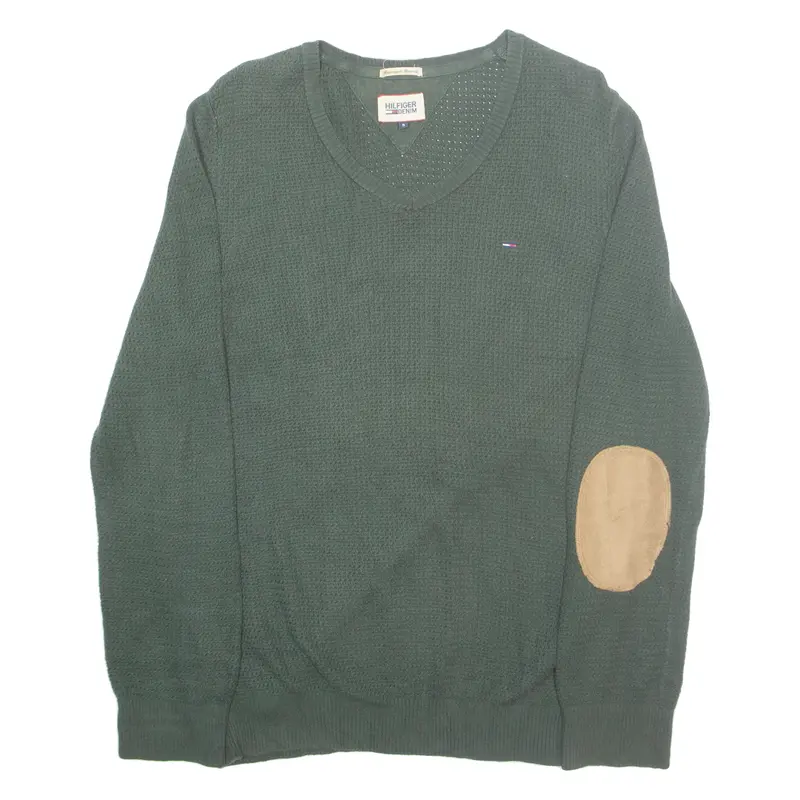 Tommy Hilfiger Mens Jumper Green V-Neck Tight Knit S 1