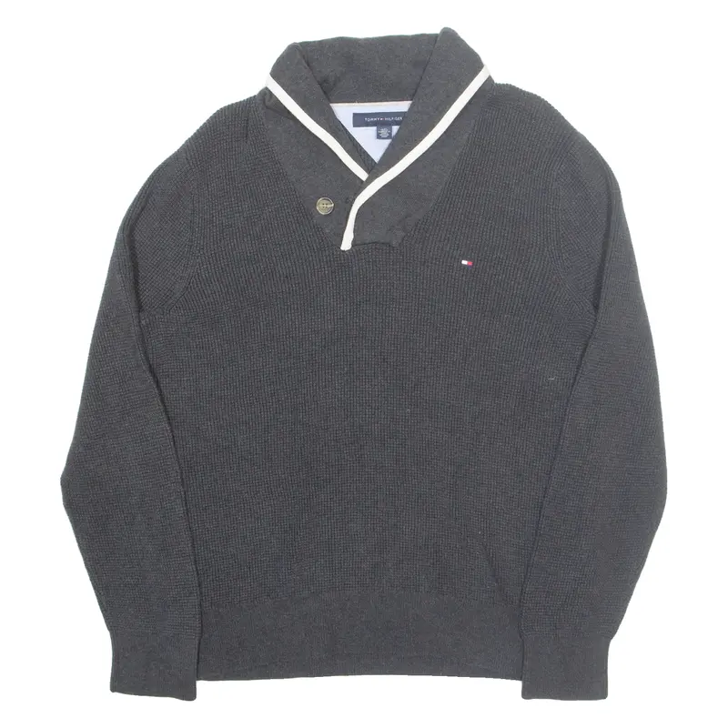 Tommy Hilfiger Mens Jumper Grey Button Neck Waffle Knit L 1