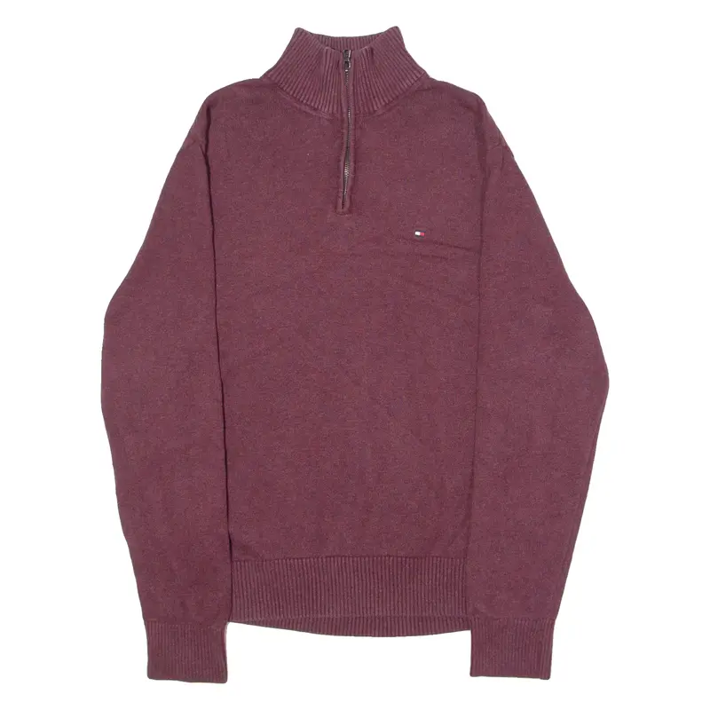 Tommy Hilfiger Mens Jumper Maroon 1/4 Zip Tight Knit L 1