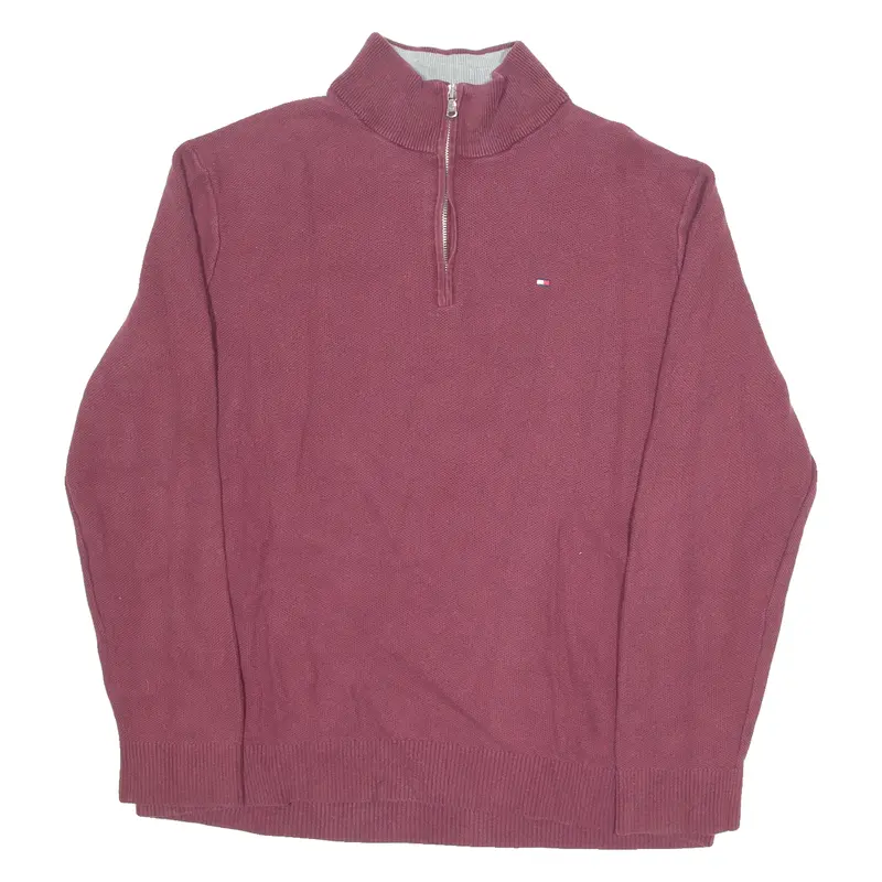 Tommy Hilfiger Mens Jumper Maroon 1/4 Zip Tight Knit Xl 1