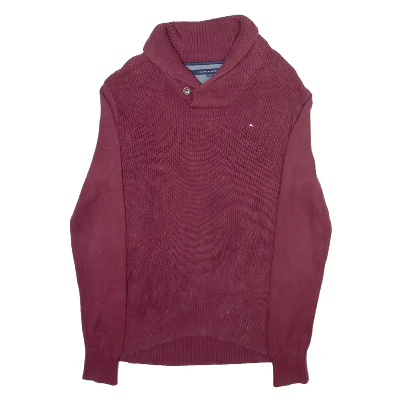 Tommy Hilfiger Mens Jumper Maroon Button Neck Tight Knit M 1