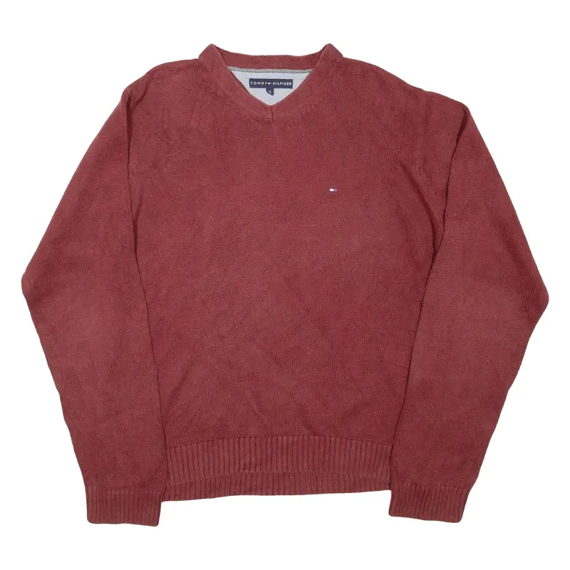 Tommy Hilfiger Mens Jumper Maroon V-Neck Tight Knit Xl 1