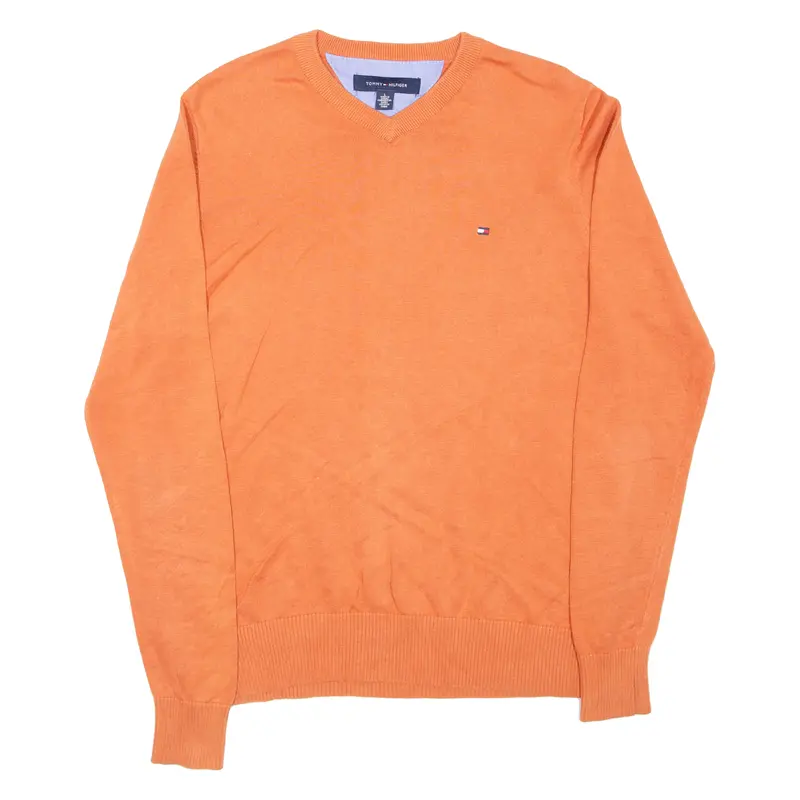 Tommy Hilfiger Mens Jumper Orange V-Neck Tight Knit L 1