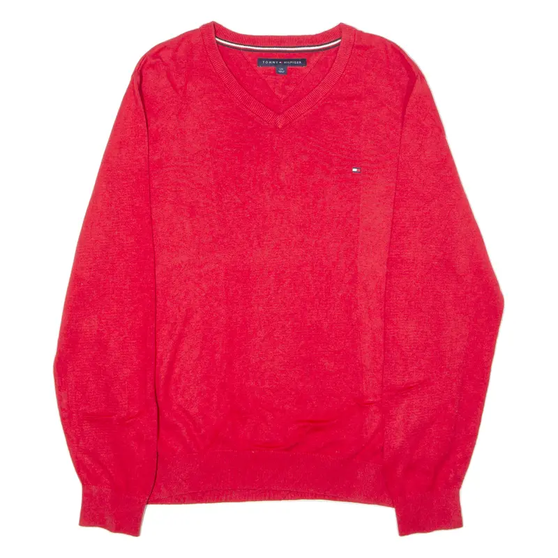 Tommy Hilfiger Mens Jumper Red V-Neck Tight Knit L 1