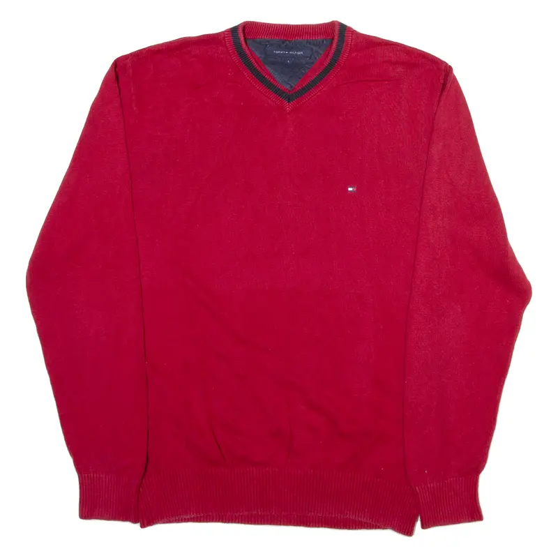 Tommy Hilfiger Mens Jumper Red V-Neck Tight Knit L 1