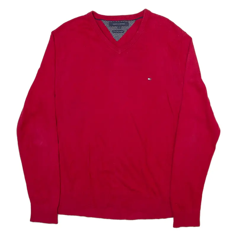 Tommy Hilfiger Mens Jumper Red V-Neck Tight Knit M 1