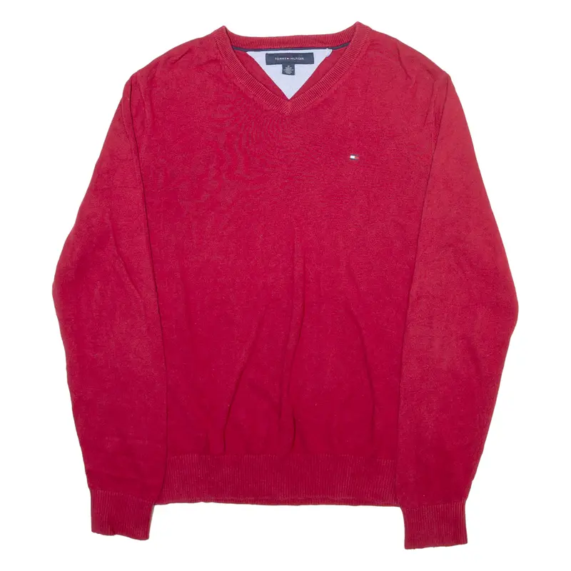 Tommy Hilfiger Mens Jumper Red V-Neck Tight Knit M 1