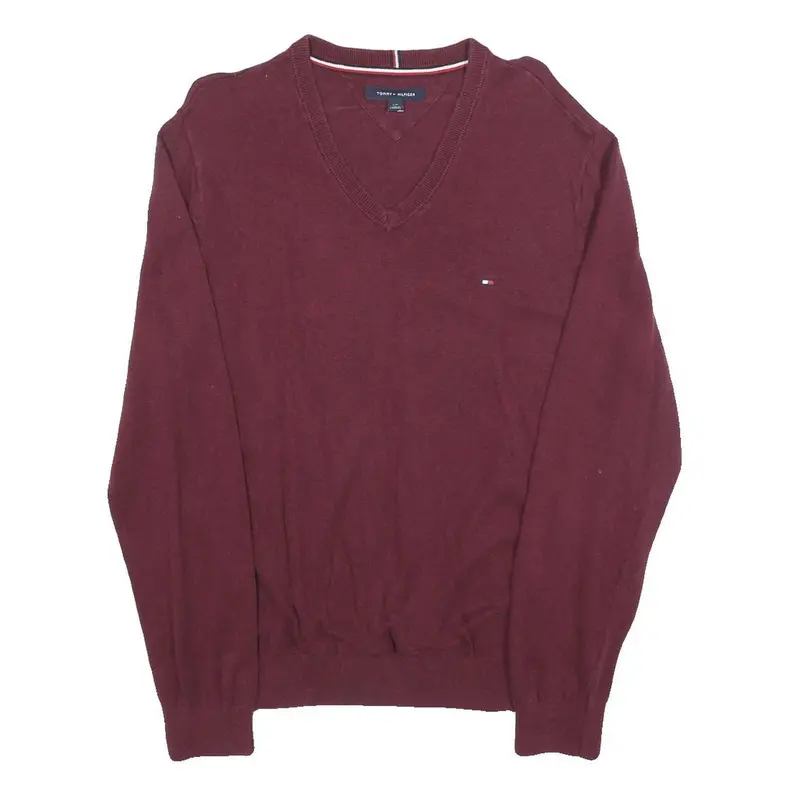 Tommy Hilfiger Mens Maroon Plain Cotton V Neck Basic Knit Jumper L Classic Style 1