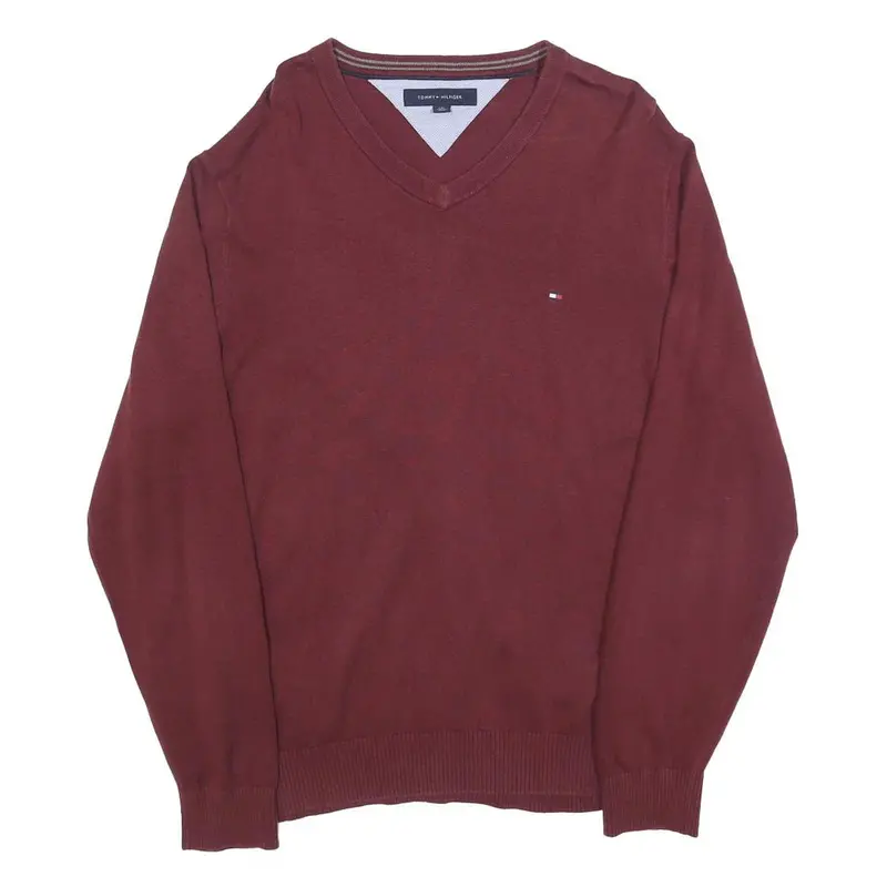 Tommy Hilfiger Mens Maroon Plain V-Neck Basic Knit Jumper L Cotton Blend Classic 1