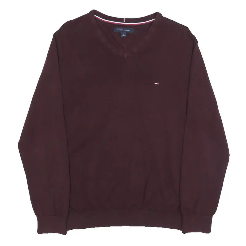 Tommy Hilfiger Mens Maroon Plain V-Neck Basic Knit Jumper M Classic Cotton 1