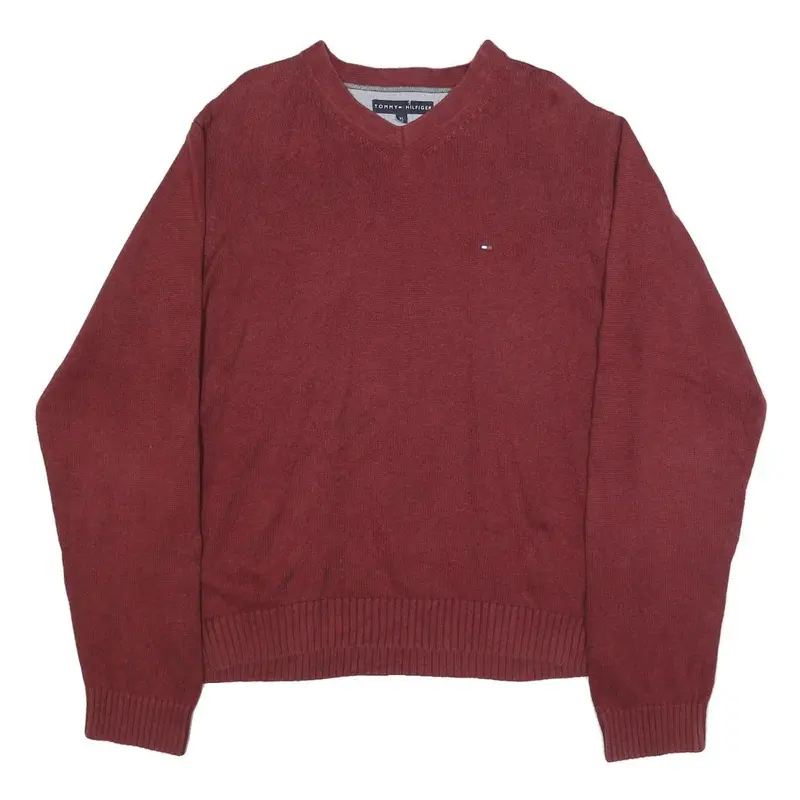 Tommy Hilfiger Mens Maroon Plain V Neck Basic Knit Jumper Xl Cotton Classic 1