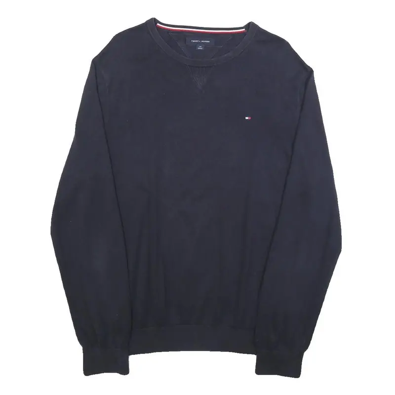 Tommy Hilfiger Mens Navy Blue Plain Cotton Blend Crew Neck Basic Knit Jumper L 1