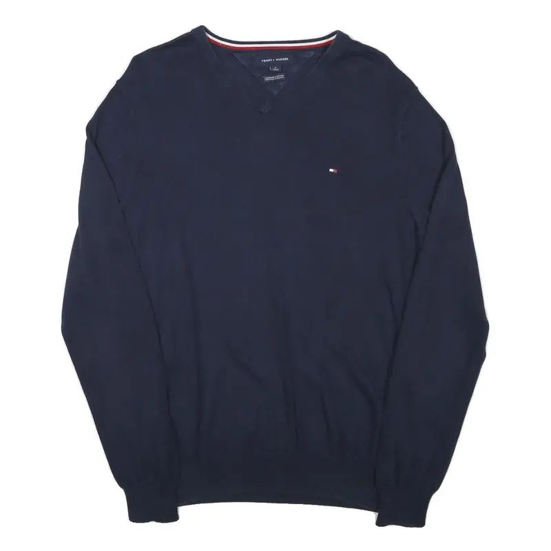 Tommy Hilfiger Mens Navy Blue Plain Cotton Blend Jumper V-Neck Basic Knit M 1