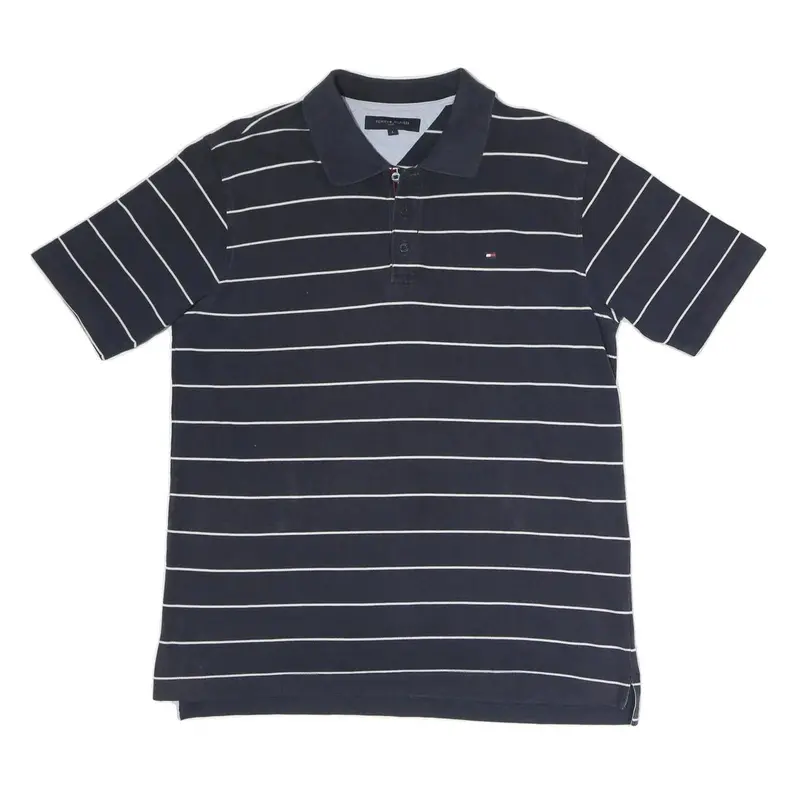 Tommy Hilfiger Mens Navy Blue & White Striped Short Sleeve Polo Shirt L Classic 1