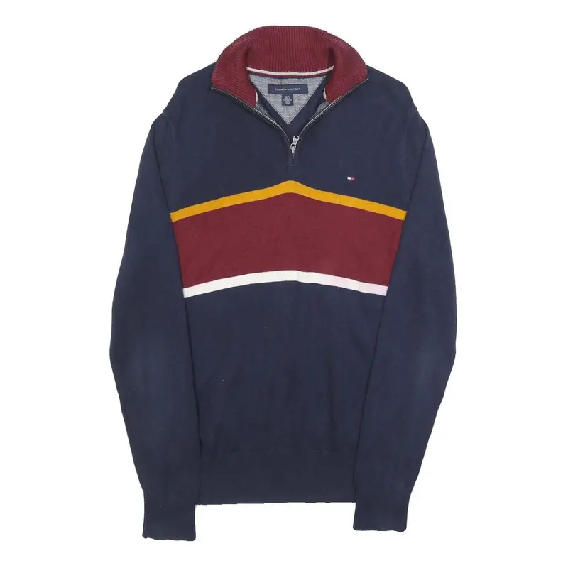 Tommy Hilfiger Mens Navy & Maroon Colourblock Patterned Cotton Jumper 1/4 Zip S 1