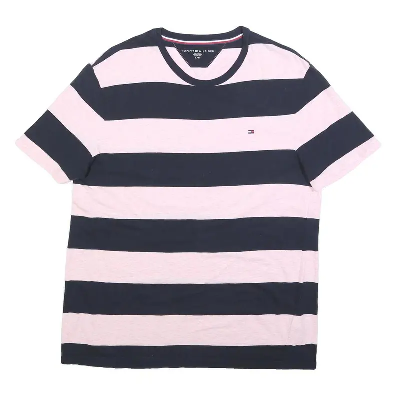 Tommy Hilfiger Mens Navy & Pink Stripe T-Shirt L Short Sleeve Crew Neck Cotton 1