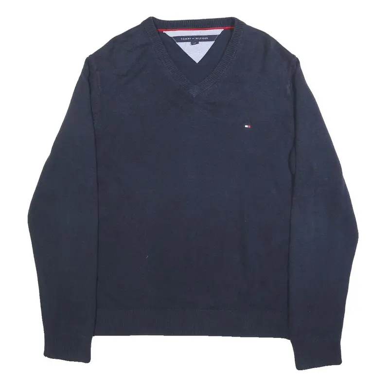 Tommy Hilfiger Mens Navy Plain Cotton Blend Regular Fit V-Neck Jumper L Classic 1